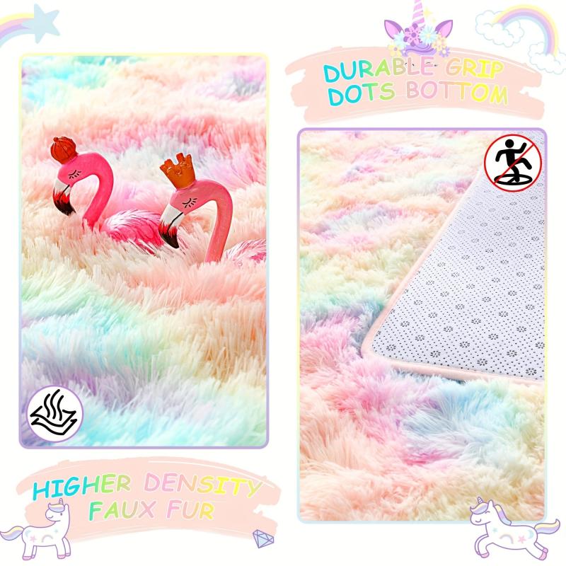 Plush Rainbow Rug Girl Bedroom Fluffy Rug Kids Playroom Plush Girl Room Decor