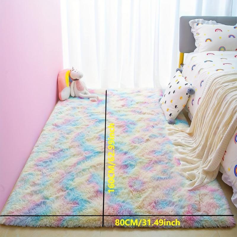 Plush Rainbow Rug Girl Bedroom Fluffy Rug Kids Playroom Plush Girl Room Decor