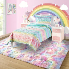 Plush Rainbow Rug Girl Bedroom Fluffy Rug Kids Playroom Plush Girl Room Decor