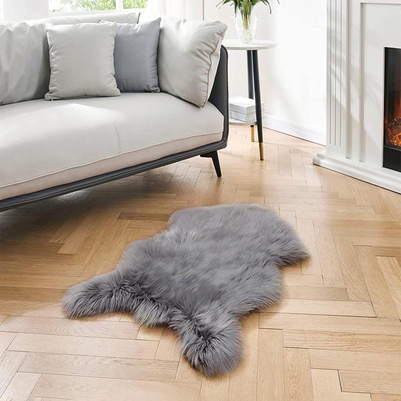 Plush Grey Faux Fur Bedroom Rug Soft and Cozy Household Rug