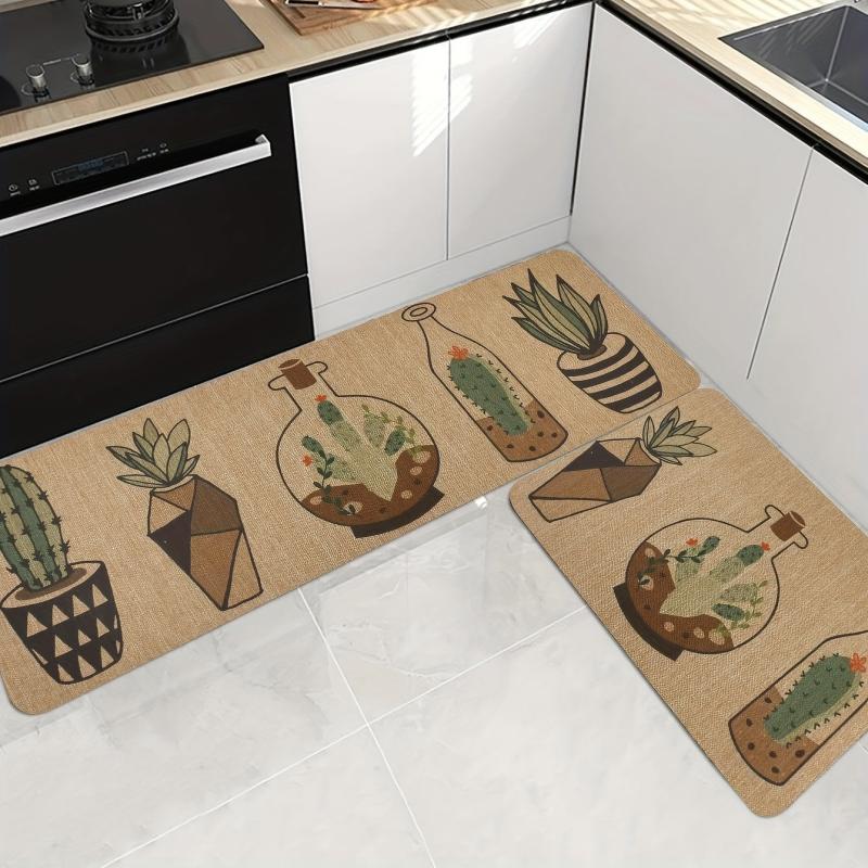 Soft Kitchen Rug Cactus Potted Waterproof Non Slip Kitchen Rugs Set
