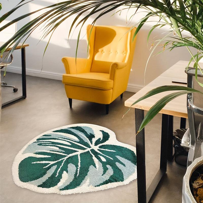 Monstera Leaf Bath Mat Non Slip Absorbent Fluffy Tufted Rug