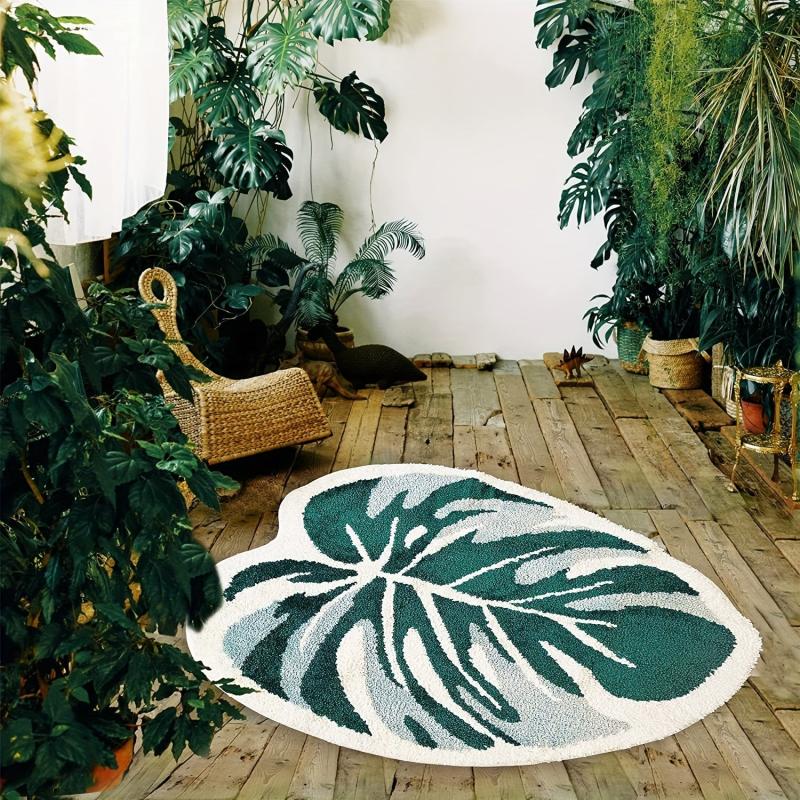 Monstera Leaf Bath Mat Non Slip Absorbent Fluffy Tufted Rug