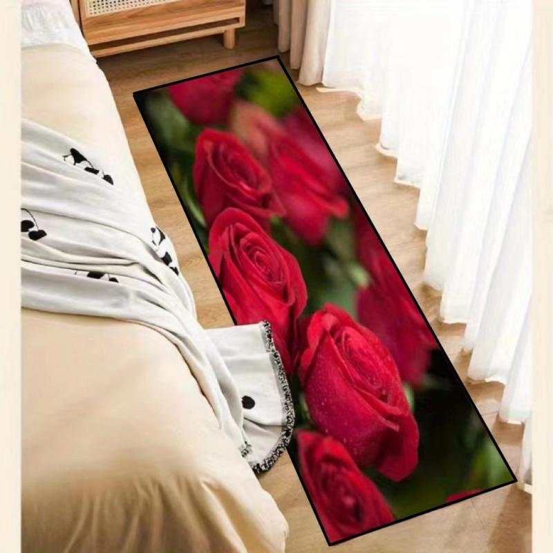 Long Strip Crystal Velvet Rose Carpet Non Slip Bedroom Floor Mat