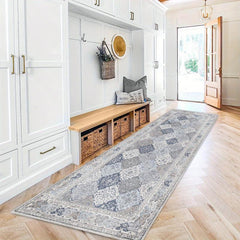 Vintage Distressed Moroccan Floral Runner - Non Slip Washable Kitchen Hallwa