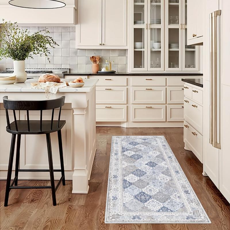 Vintage Distressed Moroccan Floral Runner - Non Slip Washable Kitchen Hallwa