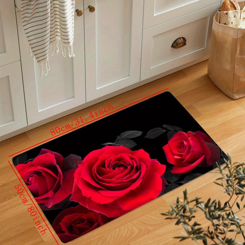 Red Rose Kitchen Floor Mat Non Slip Waterproof Machine Washable Water Absorbing
