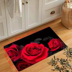 Red Rose Kitchen Floor Mat Non Slip Waterproof Machine Washable Water Absorbing