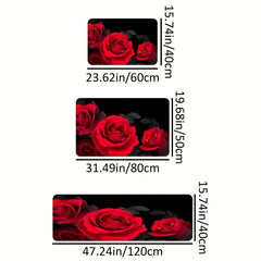 Red Rose Kitchen Floor Mat Non Slip Waterproof Machine Washable Water Absorbing