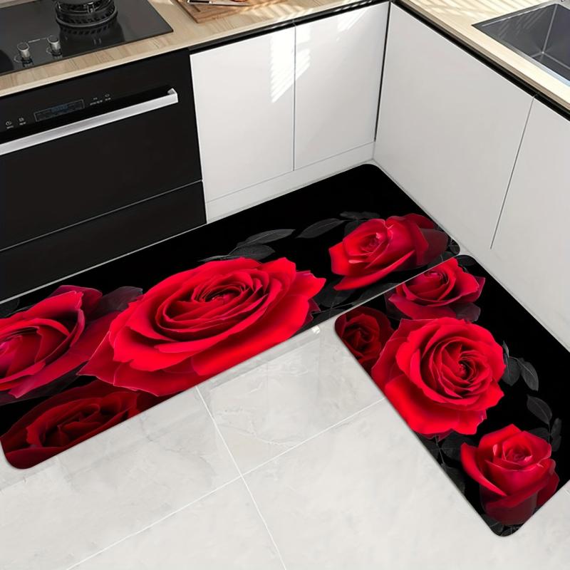 Red Rose Kitchen Floor Mat Non Slip Waterproof Machine Washable Water Absorbing
