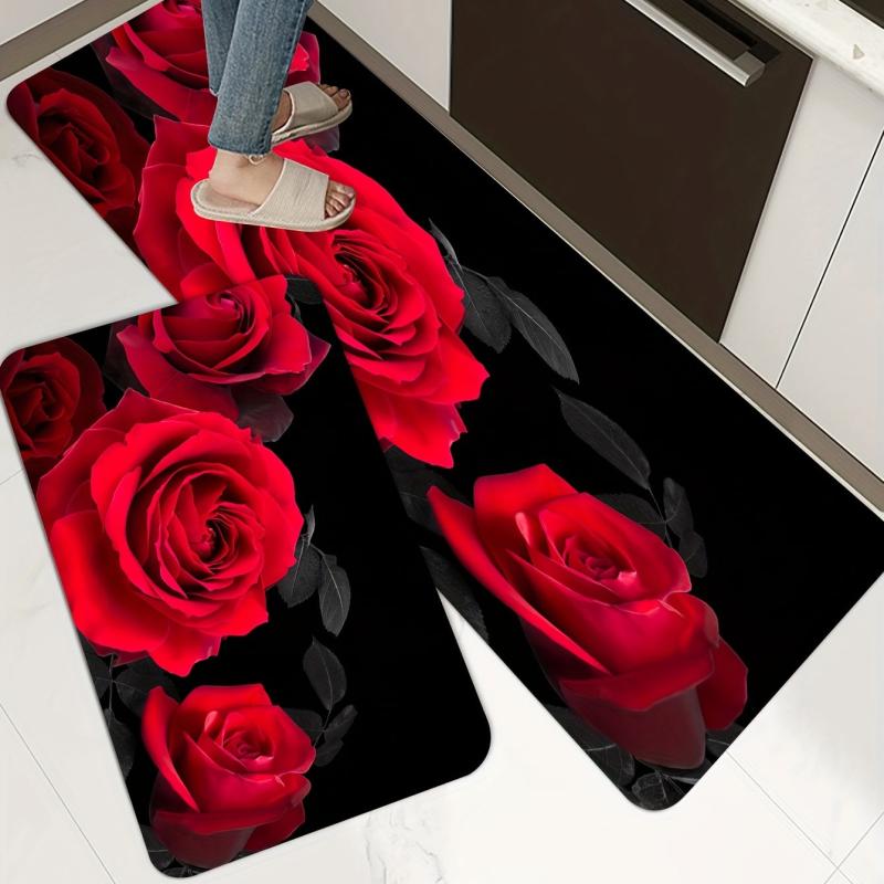 Red Rose Kitchen Floor Mat Non Slip Waterproof Machine Washable Water Absorbing