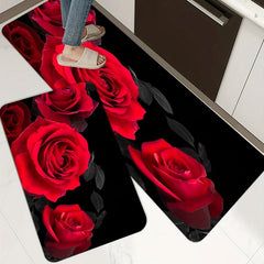 Red Rose Kitchen Floor Mat Non Slip Waterproof Machine Washable Water Absorbing