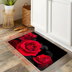 Red Rose Kitchen Floor Mat Non Slip Waterproof Machine Washable Water Absorbing