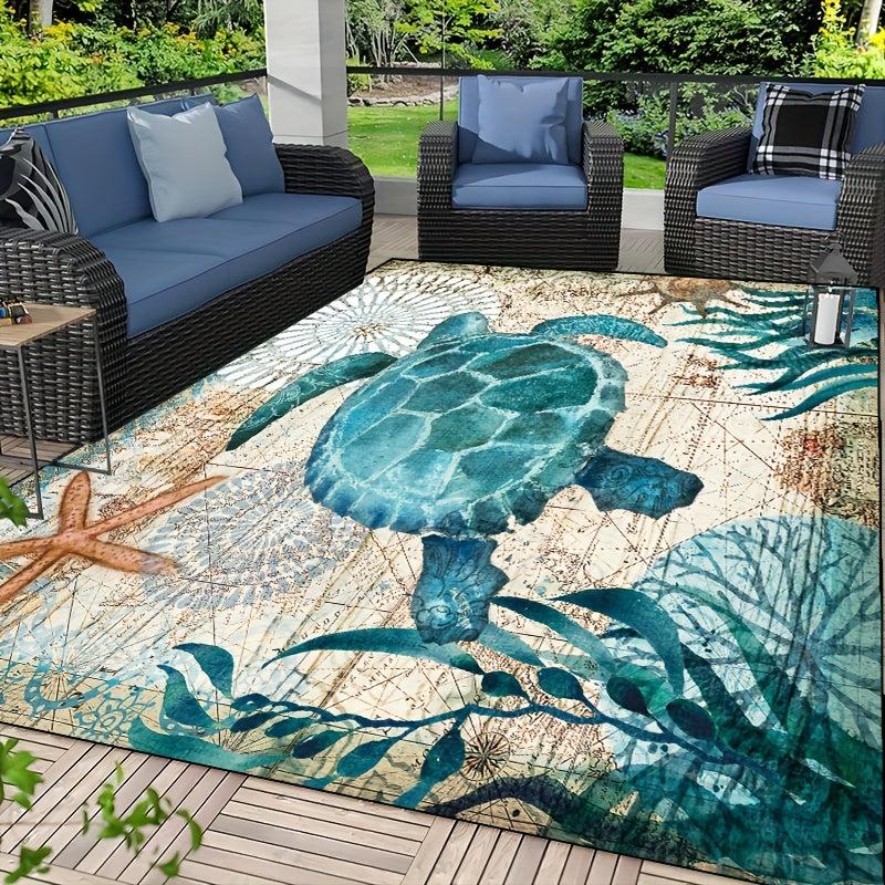 Sea Turtle Nautical Map Area Rug - Underwater World Decor Carpet