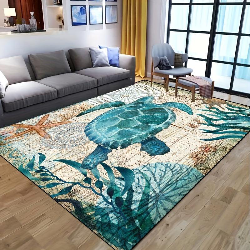 Sea Turtle Nautical Map Area Rug - Underwater World Decor Carpet