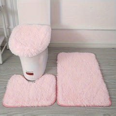 3pcs Pink Fluffy Bath Rug Set Anti-slip Absorbent Floor Mat