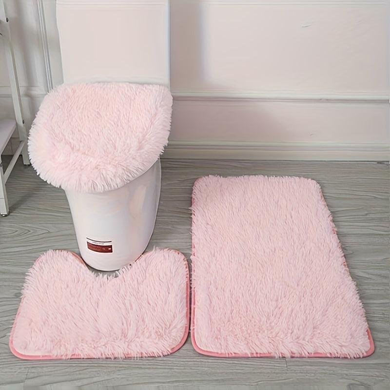 3pcs Pink Fluffy Bath Rug Set Anti-slip Absorbent Floor Mat