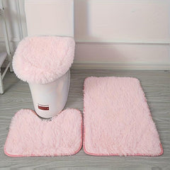 3pcs Pink Fluffy Bath Rug Set Anti-slip Absorbent Floor Mat