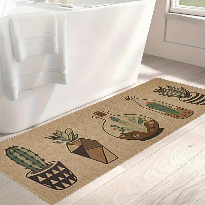 Retro Cactus Flower Pot Carpet Mat Waterproof Kitchen Bathroom Rug Decor