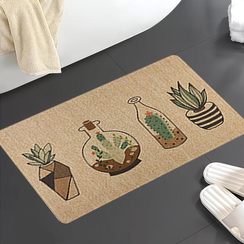 Retro Cactus Flower Pot Carpet Mat Waterproof Kitchen Bathroom Rug Decor
