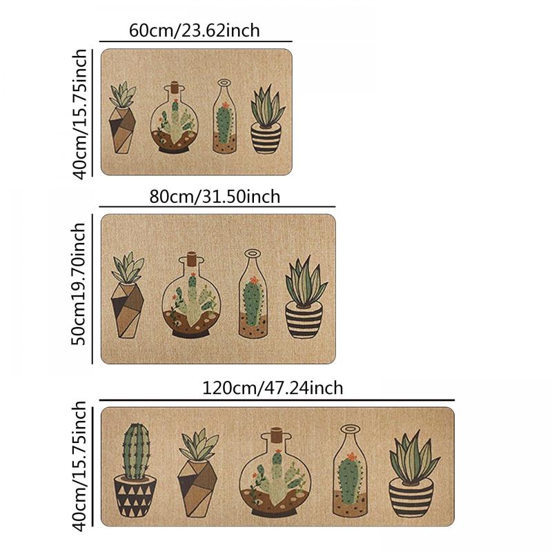 Retro Cactus Flower Pot Carpet Mat Waterproof Kitchen Bathroom Rug Decor