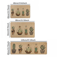Retro Cactus Flower Pot Carpet Mat Waterproof Kitchen Bathroom Rug Decor