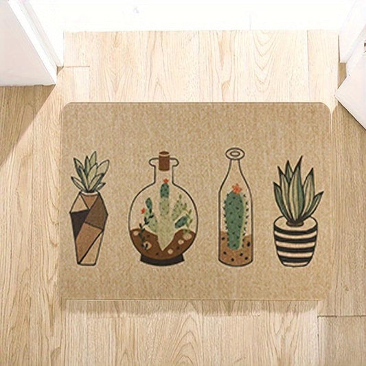Retro Cactus Flower Pot Carpet Mat Waterproof Kitchen Bathroom Rug Decor