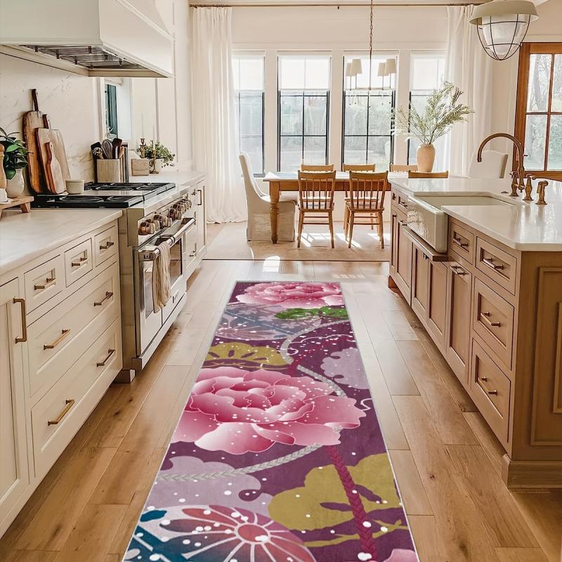 Pink Flower Hallway Runner Rug Soft Carpet for Entryway Stair Hotel