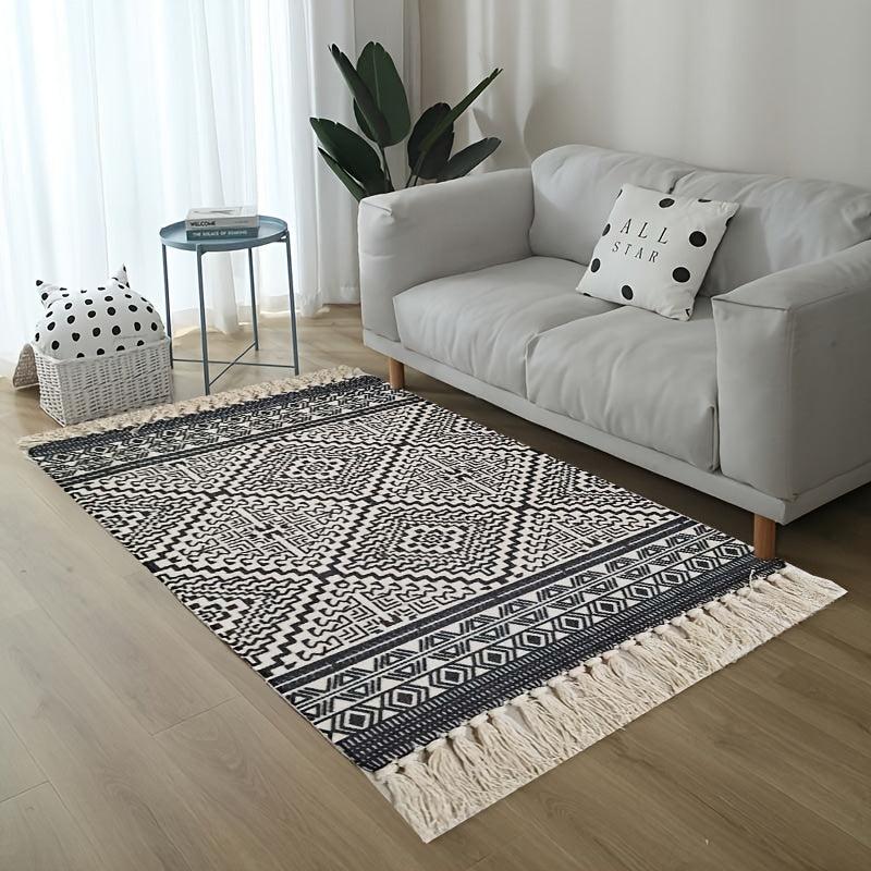 Retro Tassel Woven Geometric Pattern Mat for Living Room & Bedroom