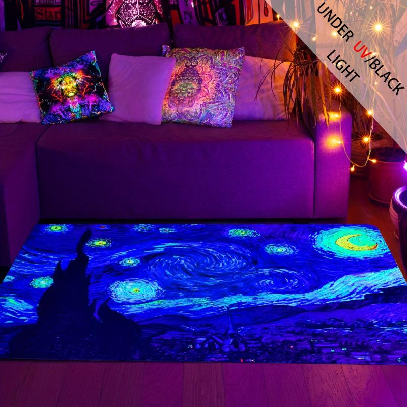 Glow in the Dark Flannel Rug Painting Pattern Non Slip Mat UV Reactive Room Deco
