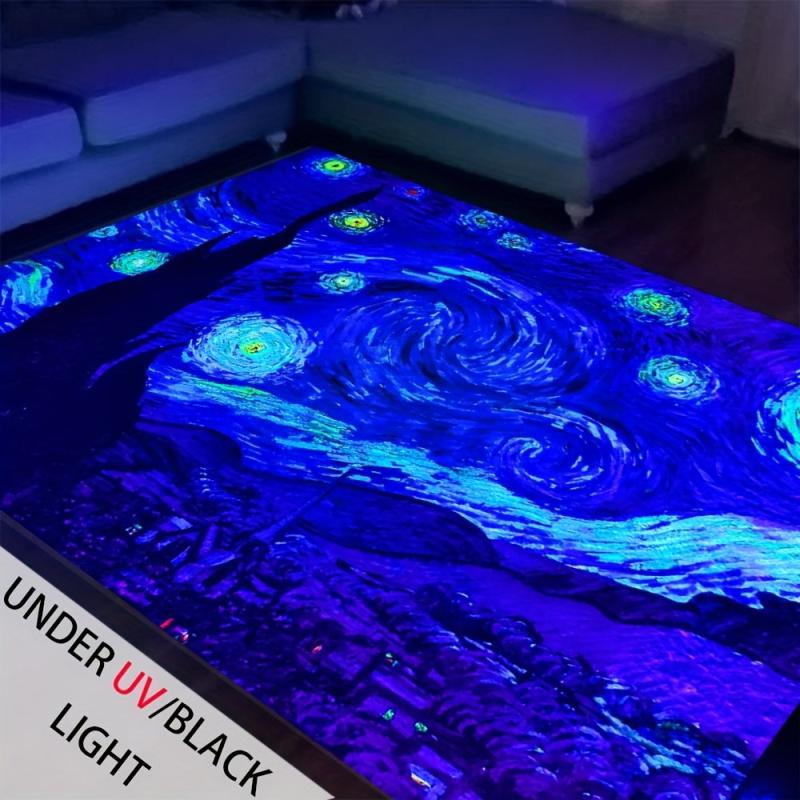 Glow in the Dark Flannel Rug Painting Pattern Non Slip Mat UV Reactive Room Deco