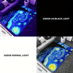 Glow in the Dark Flannel Rug Painting Pattern Non Slip Mat UV Reactive Room Deco