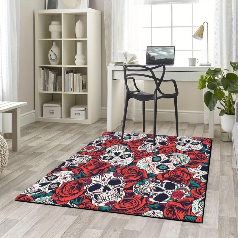 Halloween Skulls & Roses Print Non-Slip Area Rug