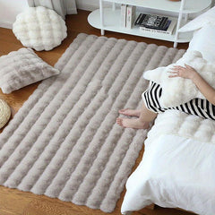 1pc Khaki Rabbit Fur Puff Fabric Bedroom Rug Solid Bedroom Floor Mat