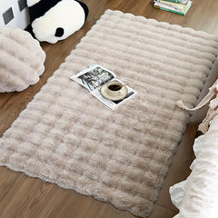 1pc Khaki Rabbit Fur Puff Fabric Bedroom Rug Solid Bedroom Floor Mat