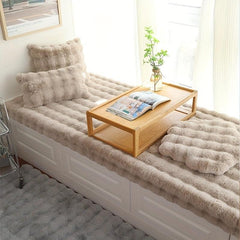 1pc Khaki Rabbit Fur Puff Fabric Bedroom Rug Solid Bedroom Floor Mat