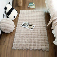 1pc Khaki Rabbit Fur Puff Fabric Bedroom Rug Solid Bedroom Floor Mat