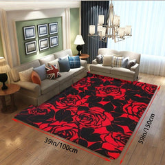 Red Rose Print Flannel Floor Mat Non-slip Absorbent Rug Machine Washable