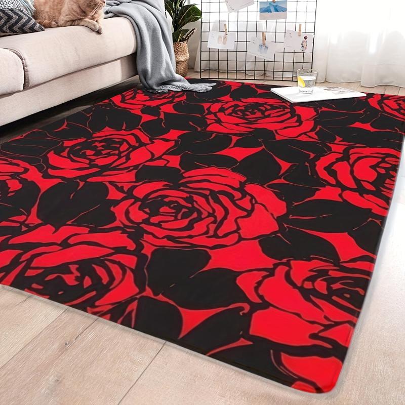 Red Rose Print Flannel Floor Mat Non-slip Absorbent Rug Machine Washable