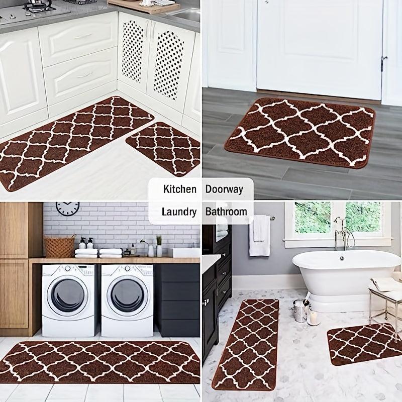 2pcs Microfiber Moroccan Plaid Kitchen Bathroom Rugs Set