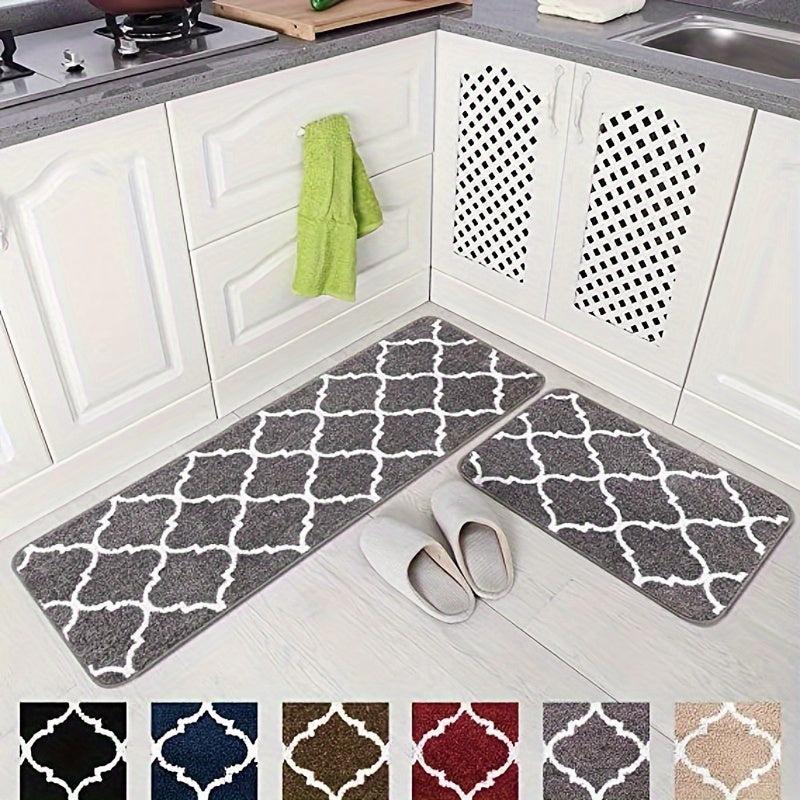 2pcs Microfiber Moroccan Plaid Kitchen Bathroom Rugs Set
