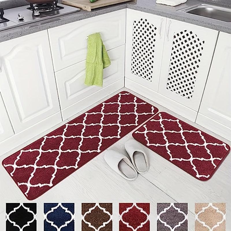2pcs Microfiber Moroccan Plaid Kitchen Bathroom Rugs Set