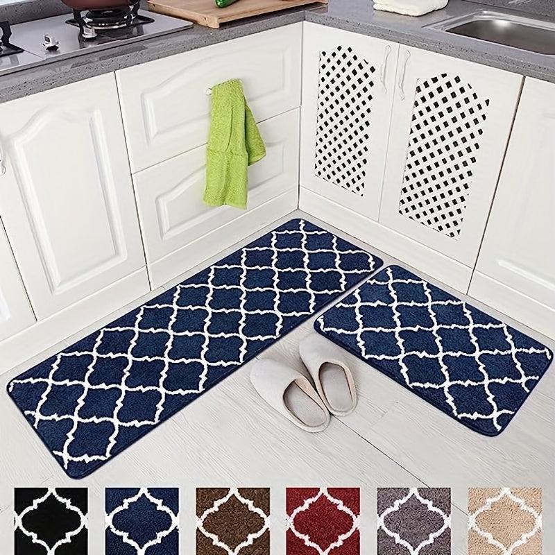 2pcs Microfiber Moroccan Plaid Kitchen Bathroom Rugs Set
