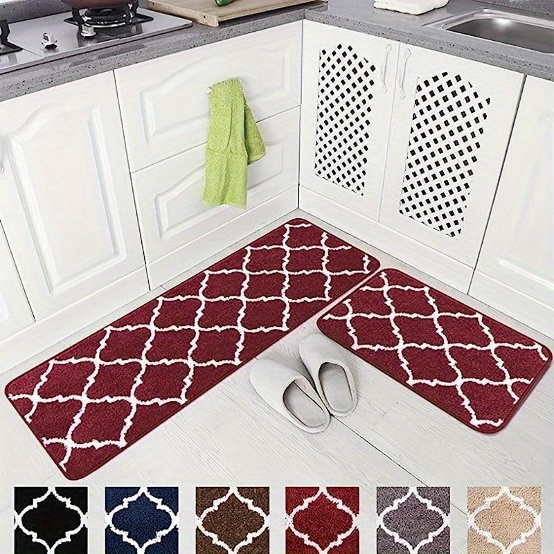 2pcs Microfiber Moroccan Plaid Kitchen Bathroom Rugs Set
