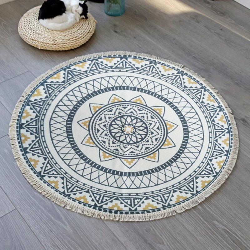 Boho Round Area Rug Vintage Non Slip Throw Floor Mat Handwoven Tassel