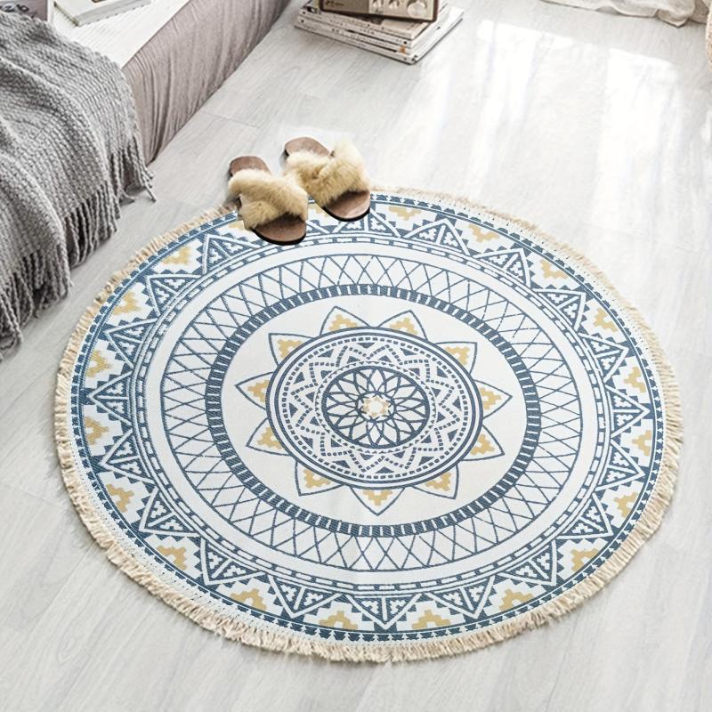 Boho Round Area Rug Vintage Non Slip Throw Floor Mat Handwoven Tassel