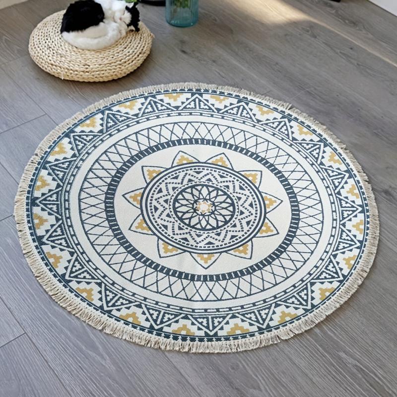 Boho Round Area Rug Vintage Non Slip Throw Floor Mat Handwoven Tassel