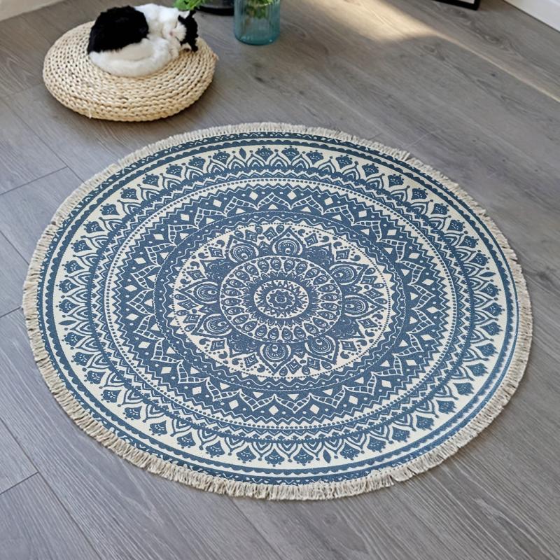 Boho Round Area Rug Vintage Non Slip Throw Floor Mat Handwoven Tassel
