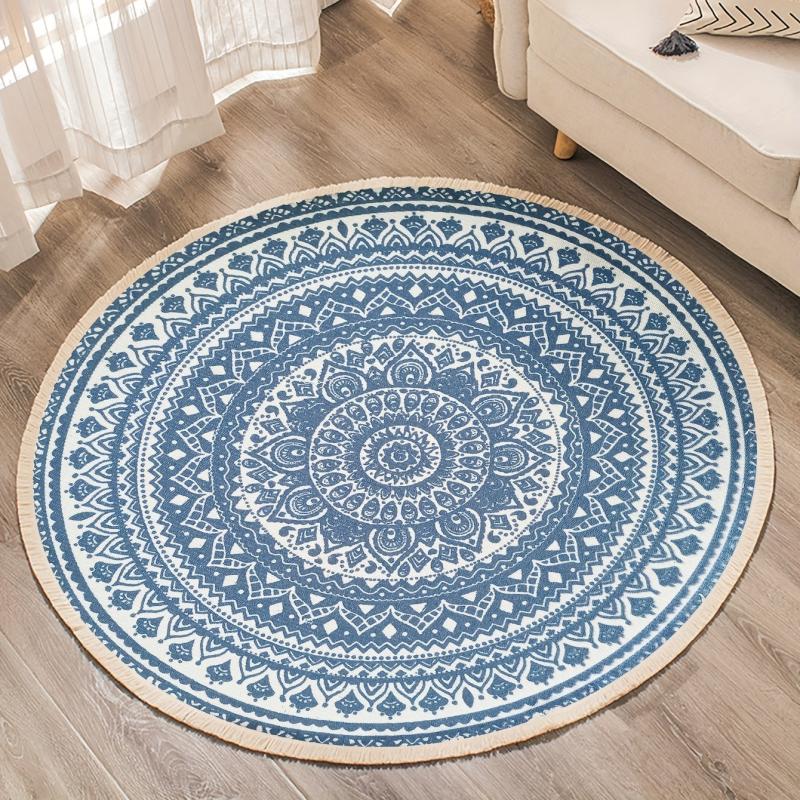 Boho Round Area Rug Vintage Non Slip Throw Floor Mat Handwoven Tassel