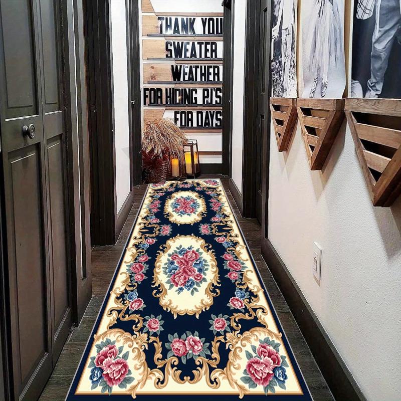Vintage Floral Runner Rug Non Slip Washable Low Pile Hallway Runner Portable Rug